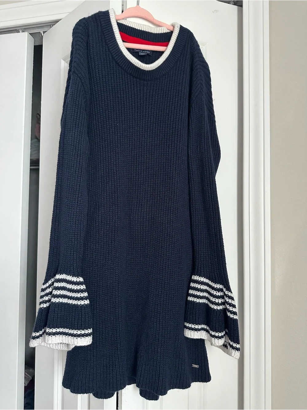S (7/8)Girls-Tommy Hilfiger Navy Knit Bell-Sleeve Sweater Dress with White Trim